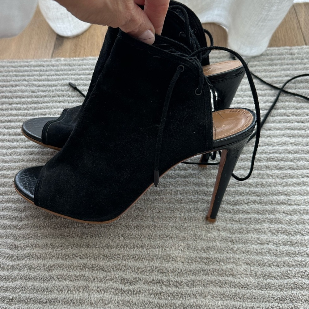 Aquazurra black suede tie up heels 39 1/2